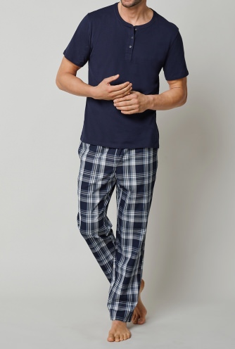 Schiesser Men's Lounge Pants Mix & Relax - dark blue checkered