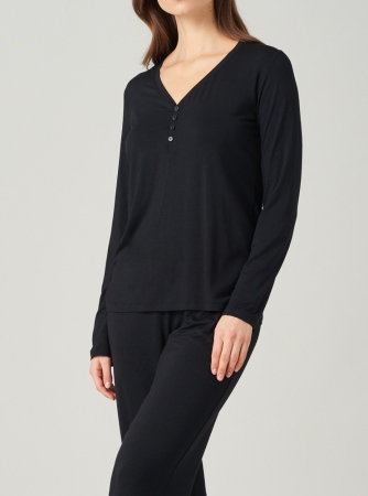 Ladies' Long Sleeve T-shirt Button Tape Schiesser Mix & Relax - black