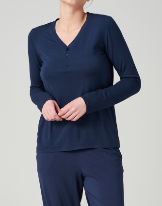 Damen Langarmshirt Knopfleiste Schiesser Mix & Relax - blau